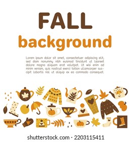 Fall elements collection with text above. Cozy fall concept clipart banner. Orange brown yellow palette images. Vector flat illustration set.