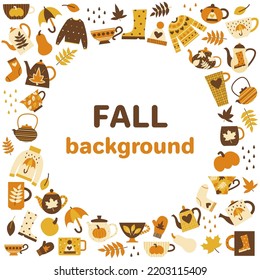 Fall elements collection for text in center. Cozy fall concept clipart. Orange brown yellow palette images. Vector flat illustration set.