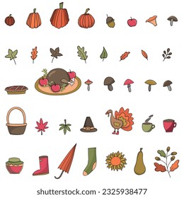 fall elements set. Thanksgiving day elements. Leaves , pumpkins, turky, pie, cups and other cozy vector illustrations for great autumn  