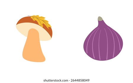 Fall elements vector set: mushroom with yellow leaf, fig in flat design style. Hand drawn autumn set for banners, cards, social media