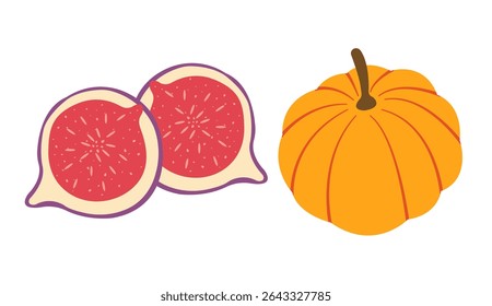 Fall elements vector set: pumpkins, sliced figs in flat design style. Hand drawn autumn set for banners, cards, social media