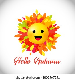 Fall emoticon sign. 3D style icon. Creative congrats with calligraphic text Hello Autumn! Plant elements. Foliage, red maple leaves, decorative calligraphy. Isolated abstract graphic design template.