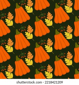 fall endless print. pumpkin with autumn leaves and rowanberry seamless pattern