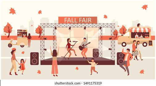 Fall fair flat vector illustration. Autumn festival and Thanksgiving day celebration. Fall rock fest, carnival with street food trucks. Rock singers on stage and concert visitors cartoon characters