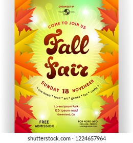 Fall fair poster design. Template for invitation. Customized text and abstract maple leaves. Bright colorful background with shadows, bokeh effect and shines. Vector illustration.