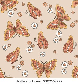 Caer en lustroso lujoso mariposa y florales vectores sin costura. Diseño de fondo de superficie de caída de otoño retro para textil, scrapbook, fabricación de tarjetas 