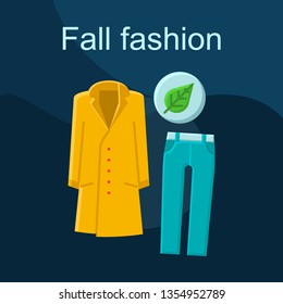 Fall fashion flat concept vector icon. Shopping idea cartoon color illustrations set. Autumn outfit. Clothing store. Womens wear. Warm coat, jacket. Trousers, jeans. Isolated graphic design element