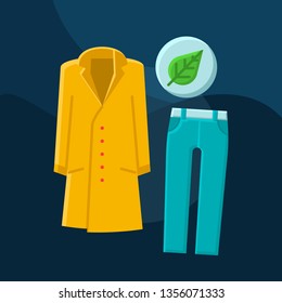 Fall fashion flat concept vector icon. Shopping idea cartoon color illustrations set. Autumn outfit. Clothing store. Womens wear. Warm coat, jacket. Trousers, jeans. Isolated graphic design element