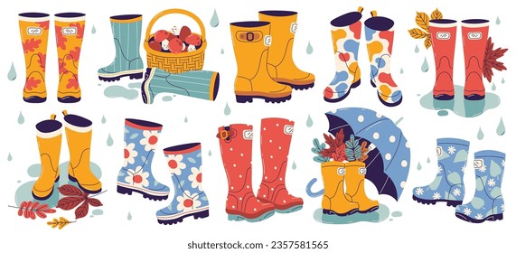 Fall fashion gumboots autumn rubber footwear with different design and decoration isolated set. Comfortable waterproof boots with autumnal leaves, umbrella, puddle drops vector illustration