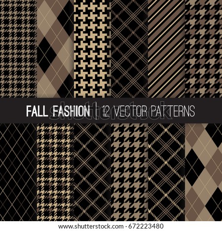 Fall Fashion Textile Patterns in Brown, Taupe Beige and Khaki. Traditional Formal Houndstooth Tweed, Tartan Plaid, Stripes and Argyle. Pattern Tile Swatches Included.