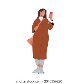 Fall Fashion Trends for Women. Stylish Girl Character Wearing Trendy Outfit, Long Fashionable Coat and Shortened Pants with Shoulder Bag. Autumn Clothes Wear Collection. Cartoon Vector Illustration