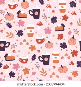 Fall Favorites - Pumpkin Spice, Leaves, Pie Seamless Pattern Background