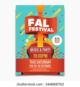 Fall Festival flyer or poster template. Autumn Maple leaves and guitar background