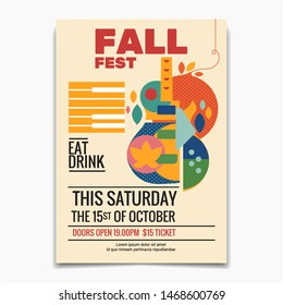 Fall Festival flyer or poster template. Autumn Maple leaves and guitar background