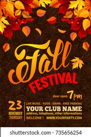 Fall Festival flyer or poster template. Bright autumn leaves on dark background with line art leaves pattern. Calligraphic inscription Fall Festival and space for your text. Vector illustration.