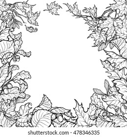 Fall Festival frame or border. Greeting card, flyer or poster template. Sketch style autumn leaves isolated on white background. Elaborate hand drawing. Colouring book. EPS10 vector illustration.