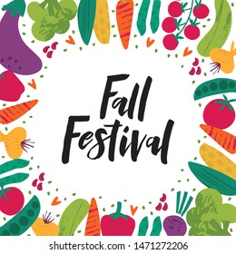 Fall Festival - hand drawn lettering phrase with autumn harvest vegetables. Harvest fest poster design. Flat vector banner template. Vector illustration. 