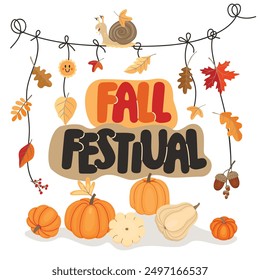 Festival de otoño escrito a mano con guirnalda de hojas y calabazas. Cartel colorido con Elementos de otoño, letras y dibujos animados caracol lindo. Anuncio de temporada o tarjeta con plantas, cosecha y animales salvajes.