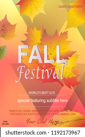 Fall festival party Flyer with a backdrop of an abstract color pastel gradient on vintage leaves background. Vector Autumnal Fall Festival Design for Invitation or Holiday Celebration Poster.  EPS 10