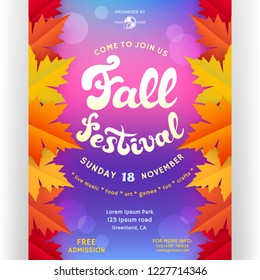 Fall Festival Poster Design. Template For Invitation. Customized Text And Abstract Maple Leaves. Bright Colorful Background With Shadows And Bokeh Effect. Vector Illustration.