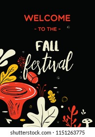 Fall festival poster. Illustration of mushrooms, herbs and bugs. Invitation card.
