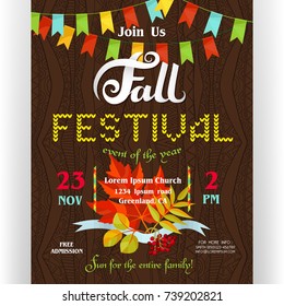 Fall festival poster template. Text customized for invitation for celebration. Different letters, colorful autumn season leaves and flags garlands. Vector illustration.