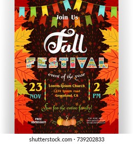 Fall festival poster template. Text customized for invitation for celebration. Ornate letters, colorful autumn season leaves of maple and flags. Fireworks background. Vector illustration.