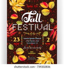 Fall festival poster template. Text customized for invitation for celebration. Different letters, colorful autumn season leaves and fireworks background. Vector illustration.