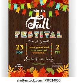 Fall festival poster template. Text customized for invitation for celebration. Ornate letters, colorful autumn season leaves and flags. Ornate background. Vector illustration.