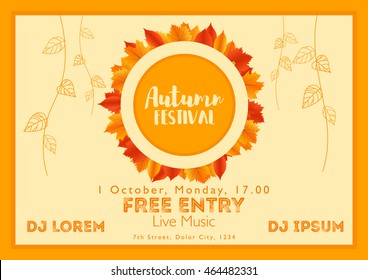 Fall Festival template. Bright colorful autumn leaves on horizontal background. Template for holidays, concerts and parties. Autumn theme.