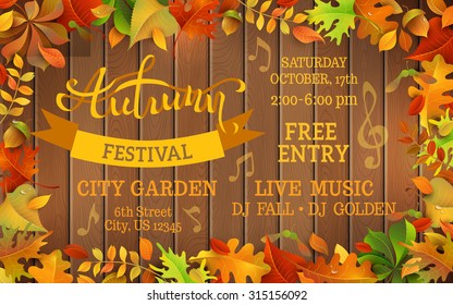 Fall Festival Template. Bright Colourful Autumn Leaves On Horizontal Wood Background. You Can Place Your Text In The Center.