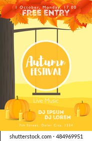 Fall Festival template. Bright colourful autumn landscape on vertical background. Template for holidays, concerts and parties. Autumn theme.