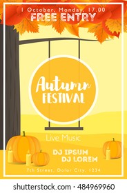 Fall Festival template. Bright colourful autumn landscape on vertical background. Template for holidays, concerts and parties. Autumn theme.