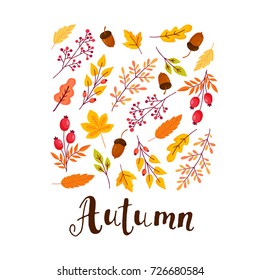 Fall Festival template. Bright colourful autumn leaves on vertical white background. Autumn greeting card with original lettering