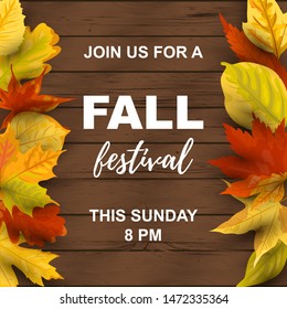 Fall festival vector illustration. Autumn background with falling leaves on dark wooden background. Place for text. Great for party invitation, seasonal sale, wedding, web, autumn festival, poster.