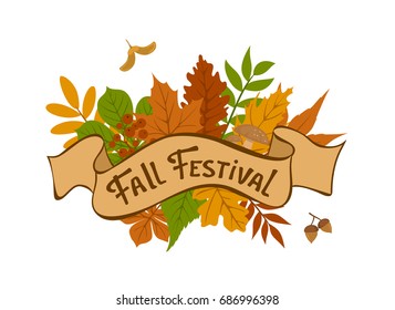 fall festival vintage badge with forest autumn colorful leaves arrangement