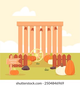 Fall festival.Thanksgiving day. A wooden stand at a pumpkin party. Happy autumn. Vector illustration