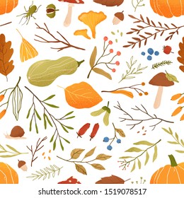 Fall flat vector seamless pattern. Autumn decorative background with pumpkins. Forest leaves and mushrooms texture. Fall season foliage and berries wrapping paper, textile, wallpaper design