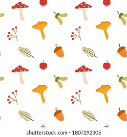 Fall flat vector seamless pattern. Autumn decorative background. Forest leaves and mushrooms texture. Fall season foliage and berries wrapping paper, textile, wallpaper design. Vector illustration.