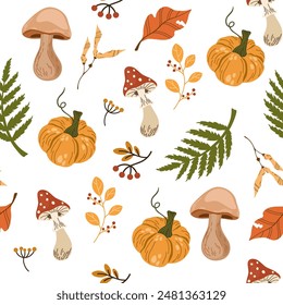 Fall flat vector seamless pattern. Autumn decorative background with pumpkins. Forest leaves and mushrooms texture. Fall season foliage and berries wrapping paper, textile, wallpaper design