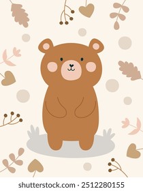 Fall Floral Background Bear Card Vector Illustration