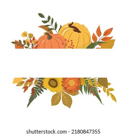 Fall Floral Frame With Orange, Yellow Pumpkins, Flowers, And Forest Leaves. Isolated On White Background. Autumn Frame Design Template Print. Vector Illustration. Nature Design.