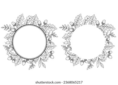 Fall floral frame outline. Fall Foliage Line Art Illustration, Outline Leaves arrangement Hand Drawn Illustration. Fall Coloring Page with Leaves. Thanksgiving arrangement. Thanksgiving frame isolated