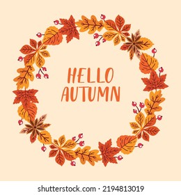 Fall Floral Wreath With Text. Hello Autumn. Postcard Template