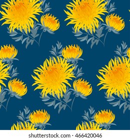 fall flower seamless pattern. yellow chrysanthemum repeatable motif.  autumn gold flower vector illustration. elegant natural ornament on deep blue black background