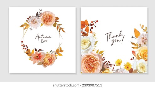 Fall flowers bouquet cards set. Watercolor vector floral illustration. Wedding invite, Thanksgiving, thank you template design. Peach, yellow, orange rose, dahlia, red berries, eucalyptus leaves frame