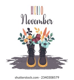 Fall flowers in seasonal boots. Hand drawn doodle floral elements in black shoes. Autumn bouquets, leaves, lettering. Vector flat illustration for invitation, greeting card, social media post