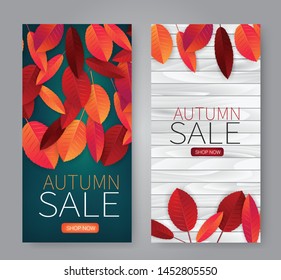 Fall flyer set. Vectical banner with red and orange leaves. Autumn sale end of season promo template. Vector illustration.