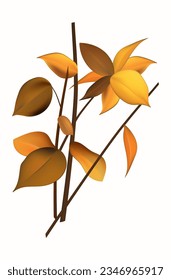 3 quinquies. Rama otoñal con hojas. Hierba de arbusto de naranja vegetal tropical. Hoja seca, elemento para herbario o floristería. Estacional, natural, orgánico. Elemento decorativo otoñal. Ilustración vectorial 3d.