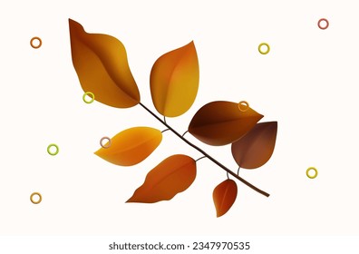 3 quinquies. Rama otoñal con hojas. Hierba de arbusto de naranja vegetal tropical. Hoja seca, elemento para herbario o floristería. Estacional, natural, orgánico. Elemento decorativo otoñal. Ilustración vectorial 3d.